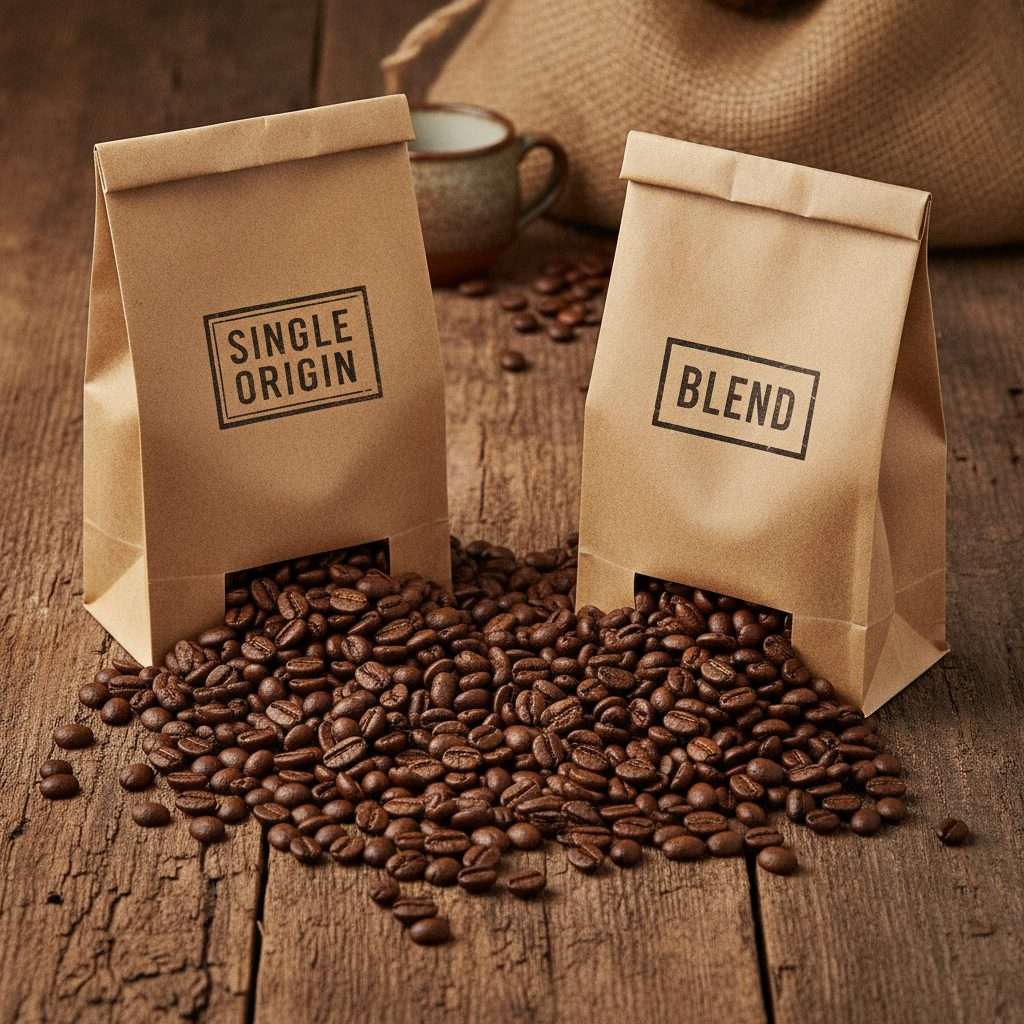 Single origin and blend coffee bags with beans