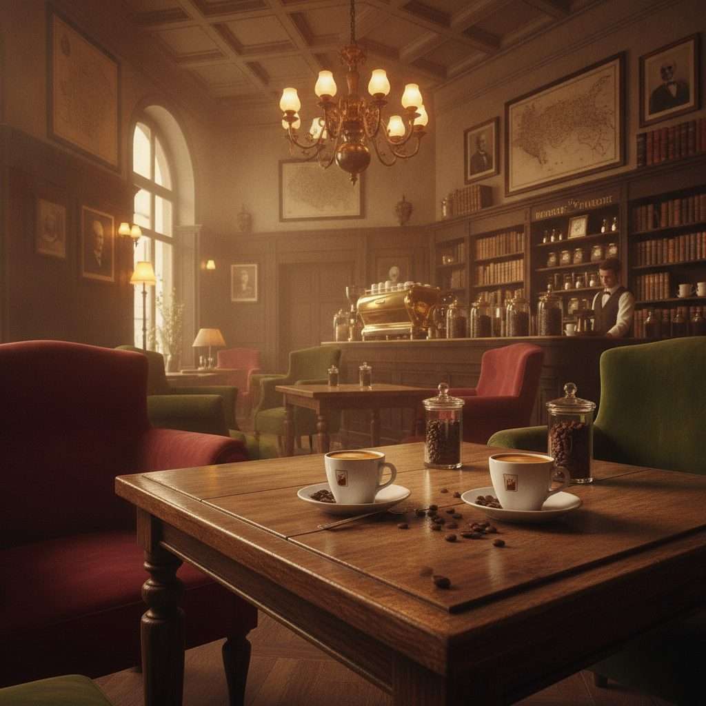 Traditional coffeehouse scene evoking coffee history