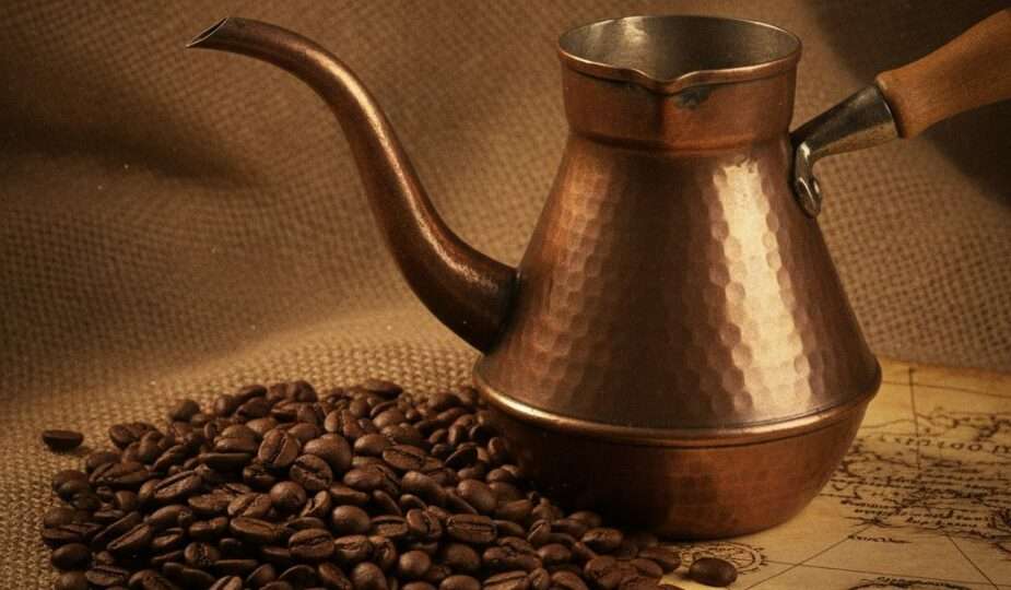 Rustic still life evoking the history of coffee