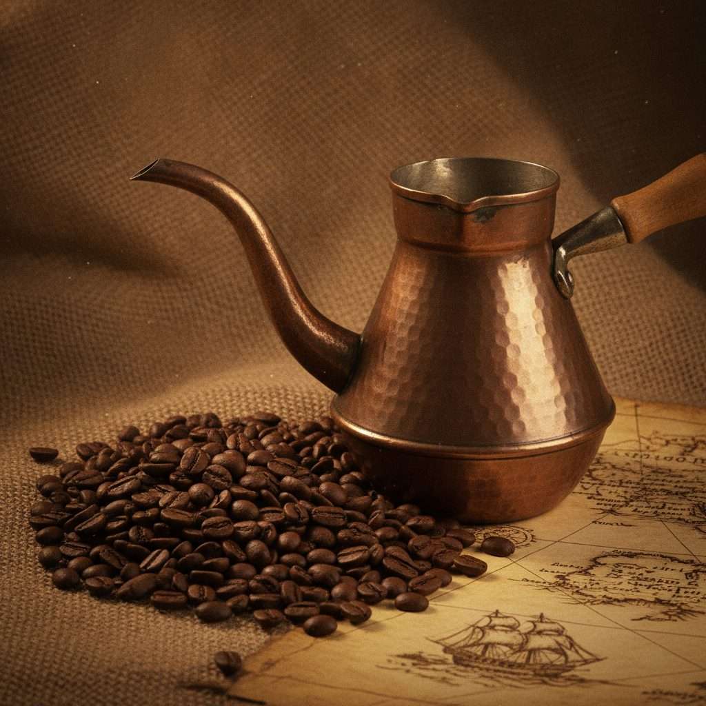 Rustic still life evoking the history of coffee