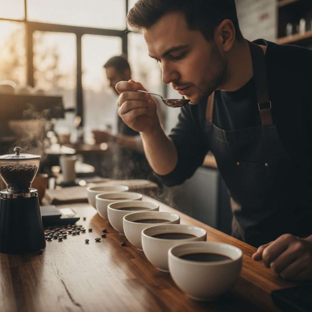 Barista cupping and tasting coffee