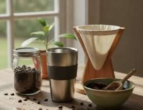 Zero-waste coffee setup with reusable gear and compost