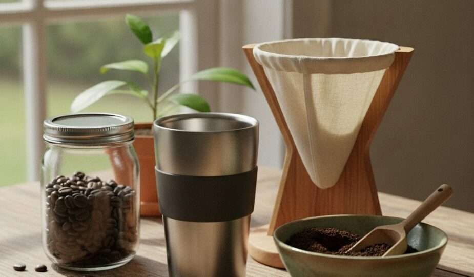 Zero-waste coffee setup with reusable gear and compost