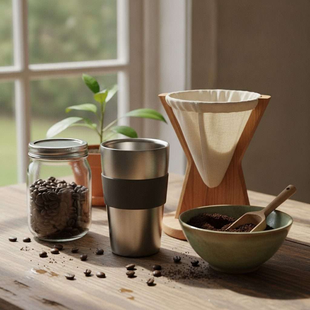Zero-waste coffee setup with reusable gear and compost